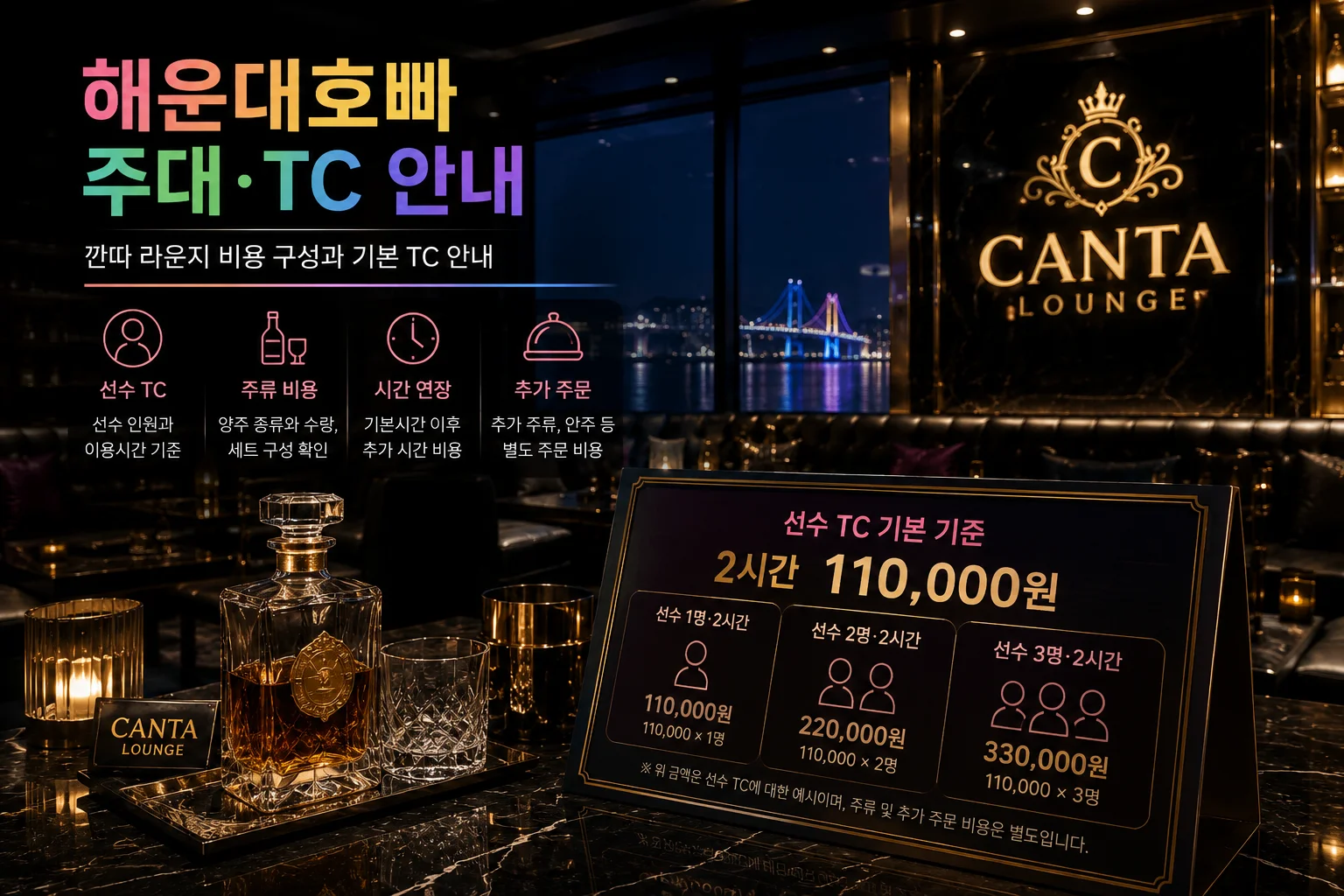 해운대호빠 주대와 TC 비용 구성을 안내하는 깐따 라운지 이미지